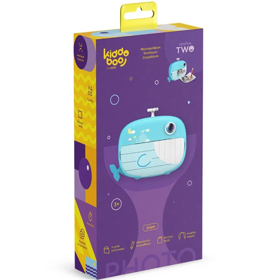 Kiddoboo FotoFun 2 Whale Blue dětský fotoaparát - modrý fotoaparát s okamžitým tiskem pro děti, s barevnými fixy a zábavnými fotorámečky.