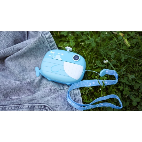 Kiddoboo FotoFun 2 Whale Blue dětský fotoaparát - modrý fotoaparát s okamžitým tiskem pro děti, s barevnými fixy a zábavnými fotorámečky.