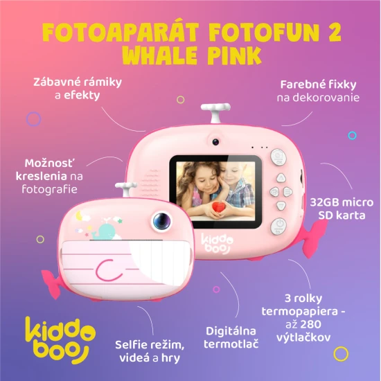 Kiddoboo FotoFun 2 Whale Pink dětský fotoaparát - růžový fotoaparát s okamžitým tiskem pro děti, s barevnými fixy a zábavnými fotorámečky.