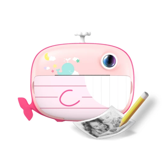 Kiddoboo FotoFun 2 Whale Pink dětský fotoaparát - růžový fotoaparát s okamžitým tiskem pro děti, s barevnými fixy a zábavnými fotorámečky.