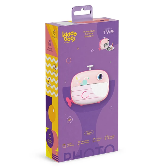 Kiddoboo FotoFun 2 Whale Pink dětský fotoaparát - růžový fotoaparát s okamžitým tiskem pro děti, s barevnými fixy a zábavnými fotorámečky.