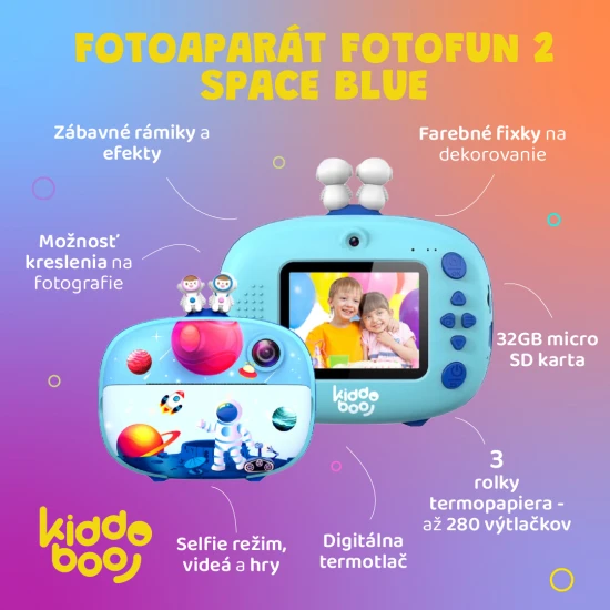 Kiddoboo FotoFun 2 Space Blue dětský fotoaparát - modrý fotoaparát s okamžitým tiskem pro děti, s barevnými fixy a zábavnými fotorámečky.