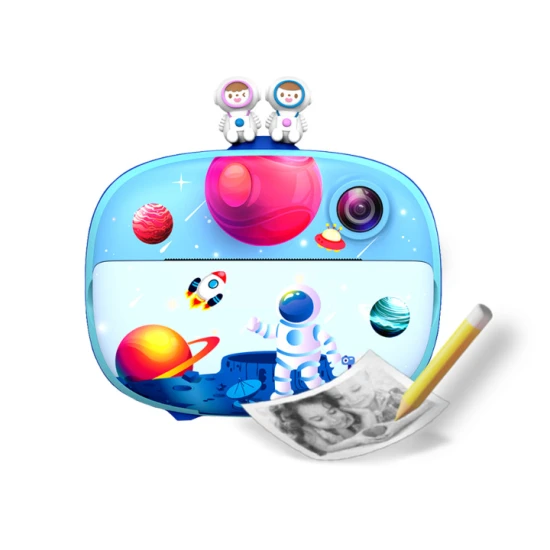 Kiddoboo FotoFun 2 Space Blue dětský fotoaparát - modrý fotoaparát s okamžitým tiskem pro děti, s barevnými fixy a zábavnými fotorámečky.