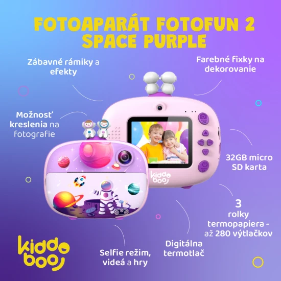 Kiddoboo FotoFun 2 Space Purple dětský fotoaparát - fialový fotoaparát s okamžitým tiskem pro děti, s barevnými fixy a zábavnými fotorámečky