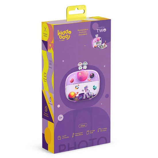 Kiddoboo FotoFun 2 Space Purple dětský fotoaparát - fialový fotoaparát s okamžitým tiskem pro děti, s barevnými fixy a zábavnými fotorámečky