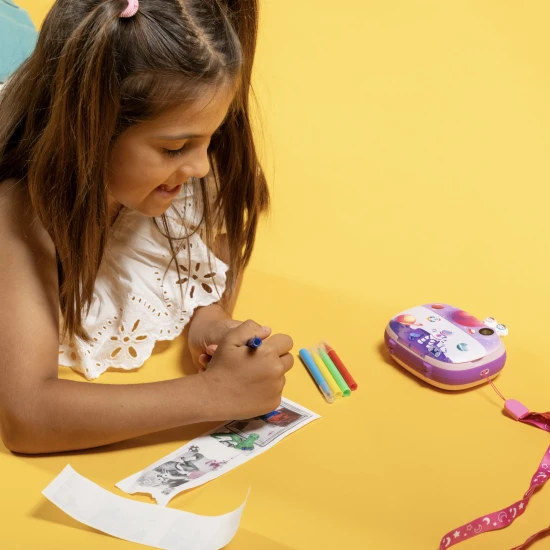 Kiddoboo FotoFun 2 Space Purple dětský fotoaparát - fialový fotoaparát s okamžitým tiskem pro děti, s barevnými fixy a zábavnými fotorámečky