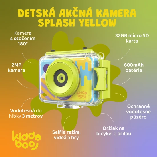 Kiddoboo Splash Yellow dětská akční kamera - žlutá vodotěsná kamera s otočným fotoaparátem a příslušenstvím pro malé dobrodruhy.
