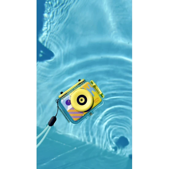 Kiddoboo Splash Yellow dětská akční kamera - žlutá vodotěsná kamera s otočným fotoaparátem a příslušenstvím pro malé dobrodruhy.