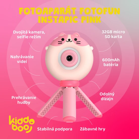 Růžový dětský fotoaparát Kiddoboo FotoFun Instapic Pink - digitální fotoaparát s přední a zadní kamerou, selfie režimem a přehráváním hudby.