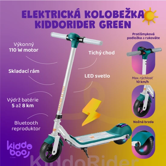 Bílo-zelená dětská elektrická koloběžka Kiddoboo KiddoRider s protiskluzovou podložkou, LED světlem a skládacím rámem - ideální pro děti od 6 let.