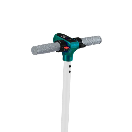 Bílo-zelená dětská elektrická koloběžka Kiddoboo KiddoRider s protiskluzovou podložkou, LED světlem a skládacím rámem - ideální pro děti od 6 let.