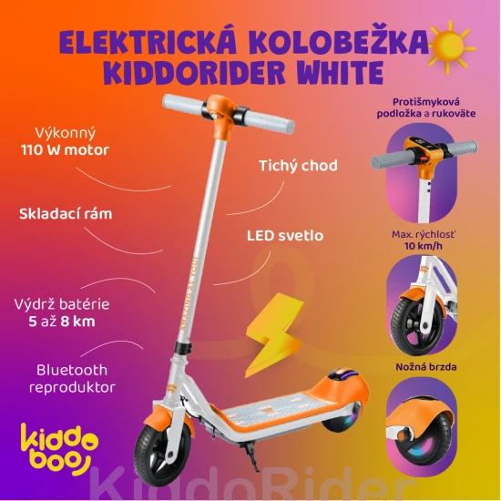 Bílá dětská elektrická koloběžka Kiddoboo KiddoRider s protiskluzovou podložkou, LED světlem a skládacím rámem - ideální pro děti od 6 let.