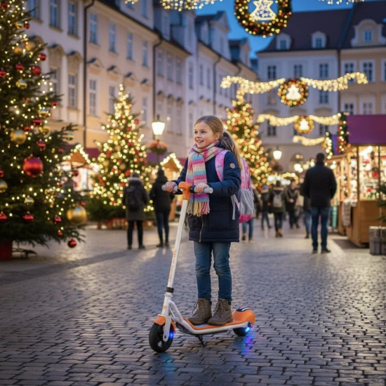 Bílá dětská elektrická koloběžka Kiddoboo KiddoRider s protiskluzovou podložkou, LED světlem a skládacím rámem - ideální pro děti od 6 let.