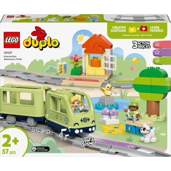 LEGO DUPLO 10427 Interaktivní dobrodružný vláček Interaktivní LEGO vláček prochází kolem jezera s kačenkami a parku plného života, vydávající zvuky a světelné efekty.
