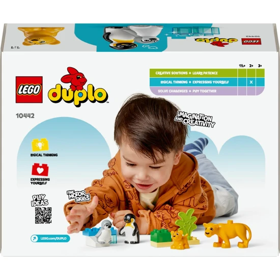LEGO DUPLO 10442 Rodinky divokých zvířat: Tučňáci a lvi LEGO rodinka lvů a tučňáků připravená na dobrodružství v divoké přírodě