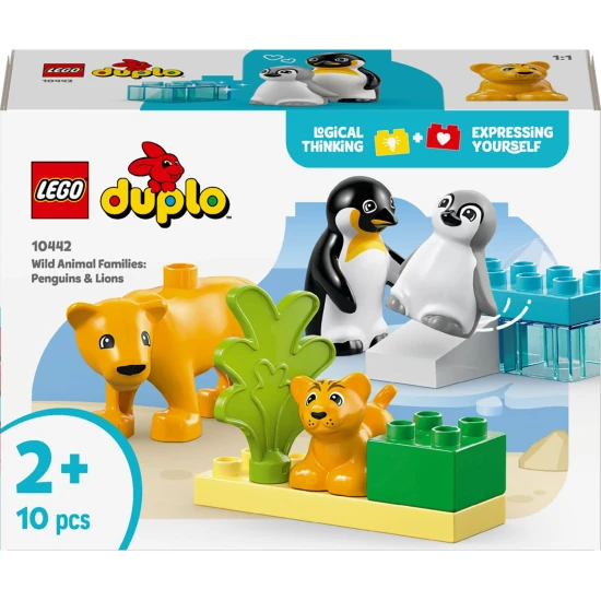 LEGO DUPLO 10442 Rodinky divokých zvířat: Tučňáci a lvi LEGO rodinka lvů a tučňáků připravená na dobrodružství v divoké přírodě