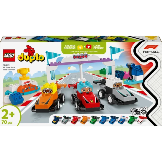 LEGO DUPLO 10445 Závodní auta a řidiči týmu F1 LEGO® DUPLO® závodní auta a řidiči F1®: Stavebnice s vozidly, řidiči a modelem jeřábu.