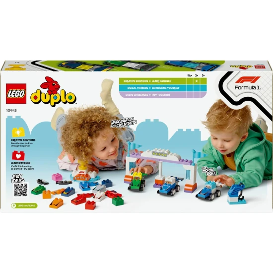 LEGO DUPLO 10445 Závodní auta a řidiči týmu F1 LEGO® DUPLO® závodní auta a řidiči F1®: Stavebnice s vozidly, řidiči a modelem jeřábu.