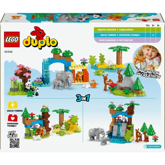 LEGO DUPLO 10446 Rodinky divokých zvířat 3 v 1 LEGO DUPLO Rodiny divokých zvířat, vzdělávací stavebnice pro děti, figurky zvířat, slon, panda, tygr, želva, jelen, kreativní hraní pro děti