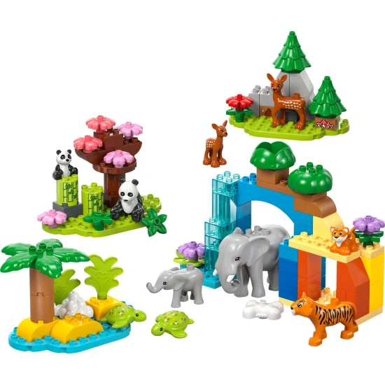 LEGO DUPLO 10446 Rodinky divokých zvířat 3 v 1 LEGO DUPLO Rodiny divokých zvířat, vzdělávací stavebnice pro děti, figurky zvířat, slon, panda, tygr, želva, jelen, kreativní hraní pro děti