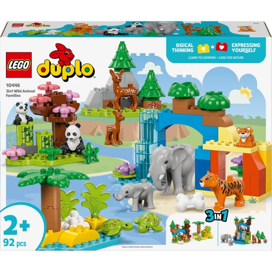 LEGO DUPLO 10446 Rodinky divokých zvířat 3 v 1 LEGO DUPLO Rodiny divokých zvířat, vzdělávací stavebnice pro děti, figurky zvířat, slon, panda, tygr, želva, jelen, kreativní hraní pro děti