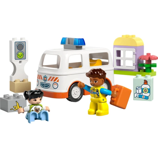 LEGO DUPLO 10447 Sanitka a řidič LEGO DUPLO sanitka a řidič s figurkami dívky, řidiče a sanitky, dětská stavebnice pro rozvoj sociálních dovedností a motoriky.
