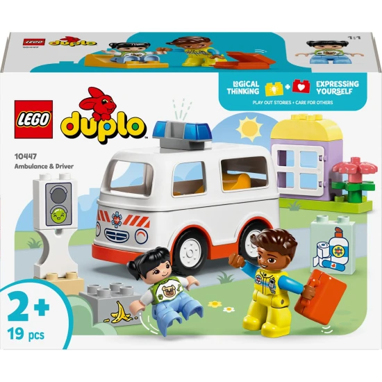 LEGO DUPLO 10447 Sanitka a řidič LEGO DUPLO sanitka a řidič s figurkami dívky, řidiče a sanitky, dětská stavebnice pro rozvoj sociálních dovedností a motoriky.