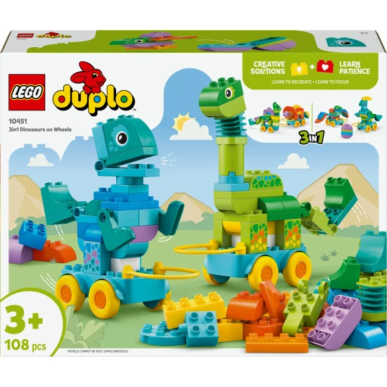 LEGO DUPLO 3 v 1 Dinosauři na kolečkách 10451 – Diplodocus, T-rex, Triceratops, Stegosaurus, Pteranodon a Parasaurolophus stavebnice pro děti