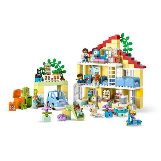 LEGO DUPLO Rodinný dům 3 v 1: Třípatrový dům, garáž s autíčkem a zahrada plná rostlin.