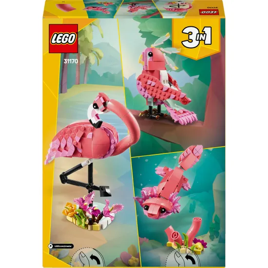 LEGO® Creator 3 v 1 stavebnice s růžovým plameňákem, kakadu a axolotlem – zábavné a kreativní stavění pro děti 
