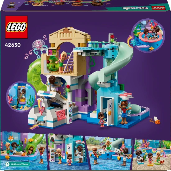 LEGO Friends Aquapark v městečku Heartlake Leo, Alba, Aliya a Sara si užívají zábavy v aquaparku. Děti zkoušejí různé tobogány včetně zatočeného, uzavřeného a tobogánu s pákou.