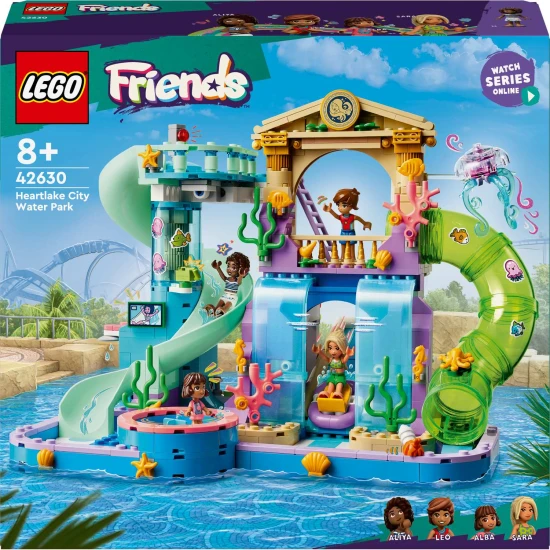 LEGO Friends Aquapark v městečku Heartlake Leo, Alba, Aliya a Sara si užívají zábavy v aquaparku. Děti zkoušejí různé tobogány včetně zatočeného, uzavřeného a tobogánu s pákou.