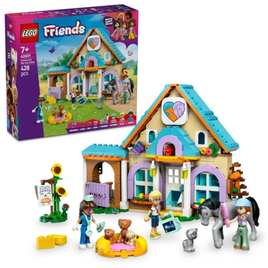 LEGO Friends 42651 – Veterinární klinika pro koně a domácí mazlíčky s minipanenky, koněm, psy a kočkou