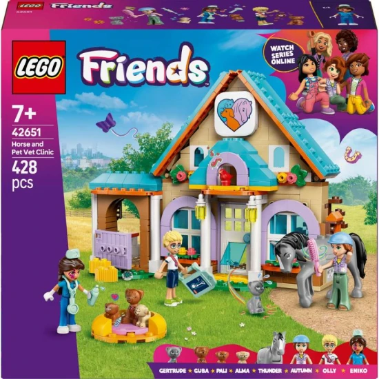 LEGO Friends 42651 – Veterinární klinika pro koně a domácí mazlíčky s minipanenky, koněm, psy a kočkou