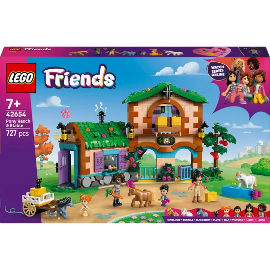 LEGO Friends 42654 Ranč s poníky a stáj – minipanenky, poníci, kočka, vozík a doplňky pro kreativní hru