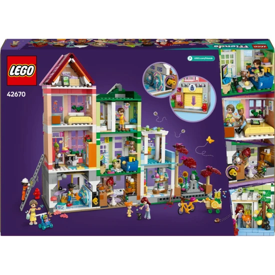LEGO® Friends 42670 Apartmány a obchody Heartlake - tvůrčí stavebnice s 9 postavami, pekárnou, keramickým studiem a dalšími detaily.
