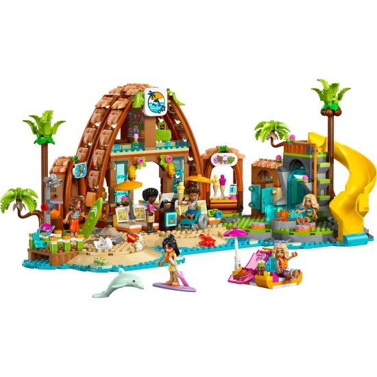 LEGO Friends 42673 Rodinná dovolená u pláže – 6 minipanenek, delfín, želva a doplňky pro plážové a vodní hry