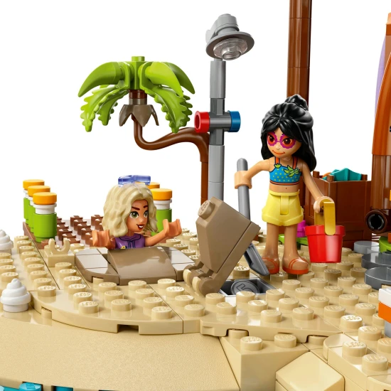 LEGO Friends 42673 Rodinná dovolená u pláže – 6 minipanenek, delfín, želva a doplňky pro plážové a vodní hry