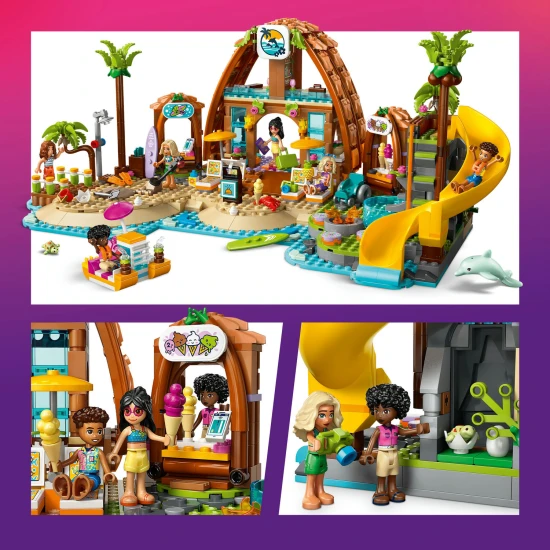 LEGO Friends 42673 Rodinná dovolená u pláže – 6 minipanenek, delfín, želva a doplňky pro plážové a vodní hry
