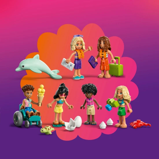 LEGO Friends 42673 Rodinná dovolená u pláže – 6 minipanenek, delfín, želva a doplňky pro plážové a vodní hry
