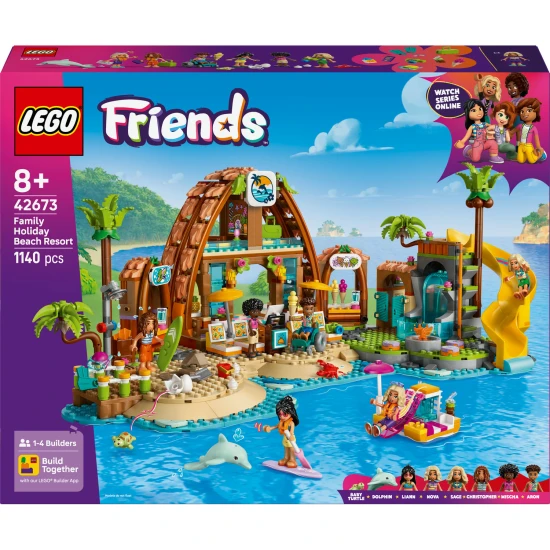 LEGO Friends 42673 Rodinná dovolená u pláže – 6 minipanenek, delfín, želva a doplňky pro plážové a vodní hry