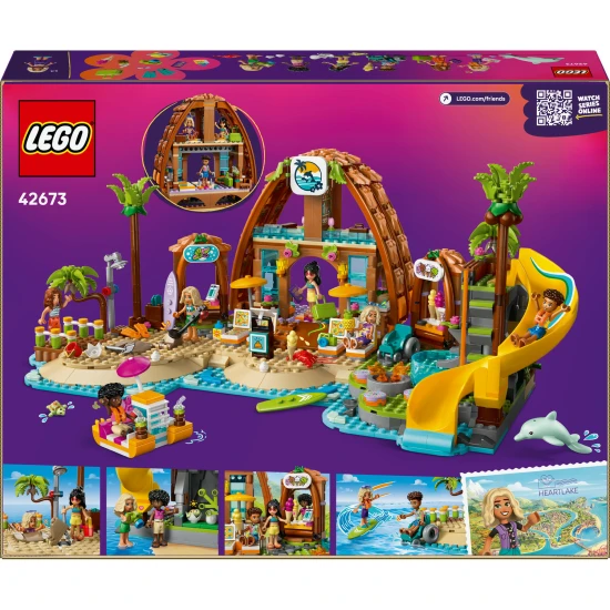 LEGO Friends 42673 Rodinná dovolená u pláže – 6 minipanenek, delfín, želva a doplňky pro plážové a vodní hry