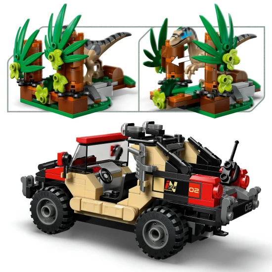 LEGO Jurassic World 76972 Unik pred raptorem v terenni aute s velociraptorem a minifigurkami