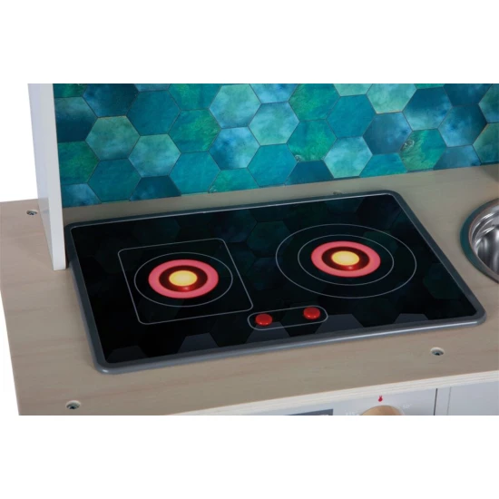 Detska drevena kuchynka Tasty seda se svetlem, zvukem a kovovymi doplnky