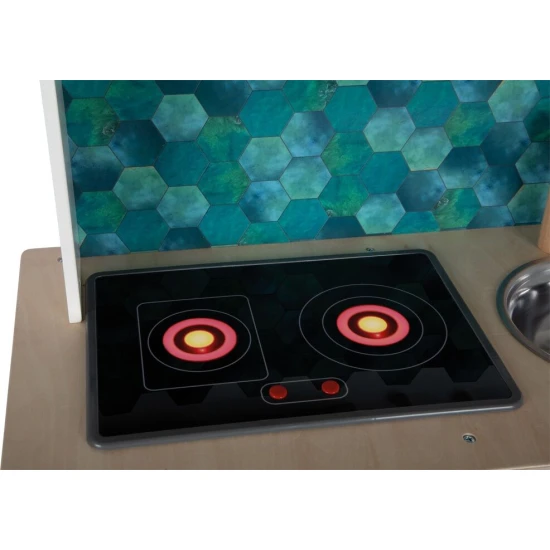 Detska drevena kuchynka Tasty bila se svetlem, zvukem a kovovymi doplnky