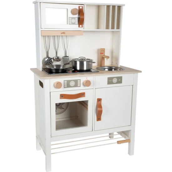 Detska drevena kuchynka Tasty bila se svetlem, zvukem a kovovymi doplnky