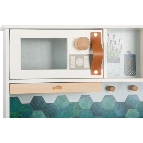 Detska drevena kuchynka Tasty bila se svetlem, zvukem a kovovymi doplnky