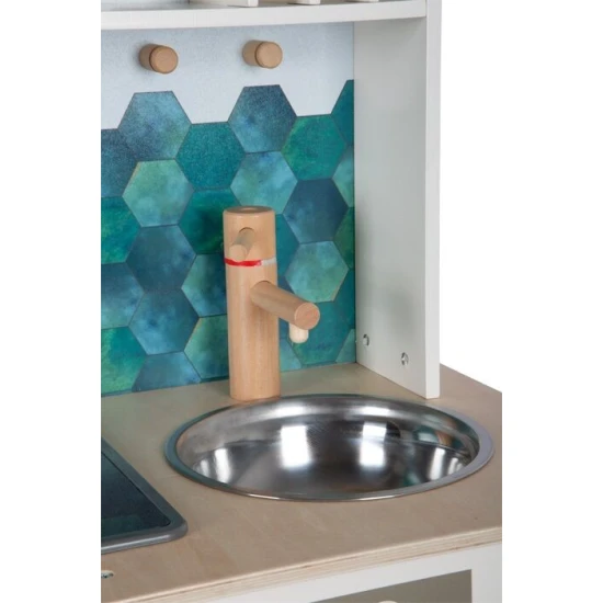 Detska drevena kuchynka Tasty bila se svetlem, zvukem a kovovymi doplnky