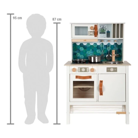 Detska drevena kuchynka Tasty bila se svetlem, zvukem a kovovymi doplnky
