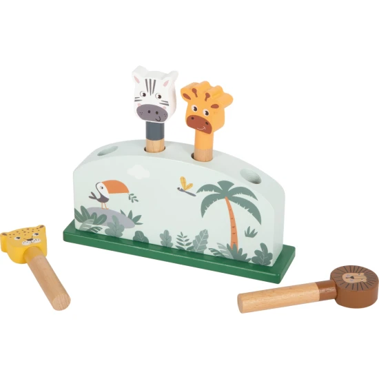 Drevena vystrelovaci vkladacka Safari se zirafou, levem, zebrou a leopardem – motoricka hracka pro deti
